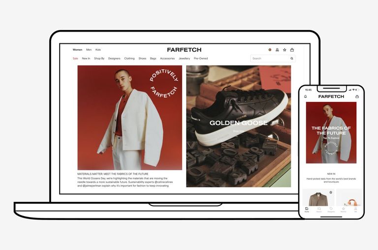 Farfetch online e-commerce store displayed on laptop and mobile phone